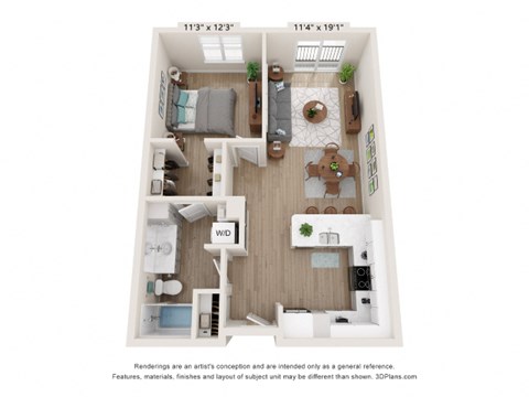 Floor plan for 1 bed, 1 bath, 796 sqft
